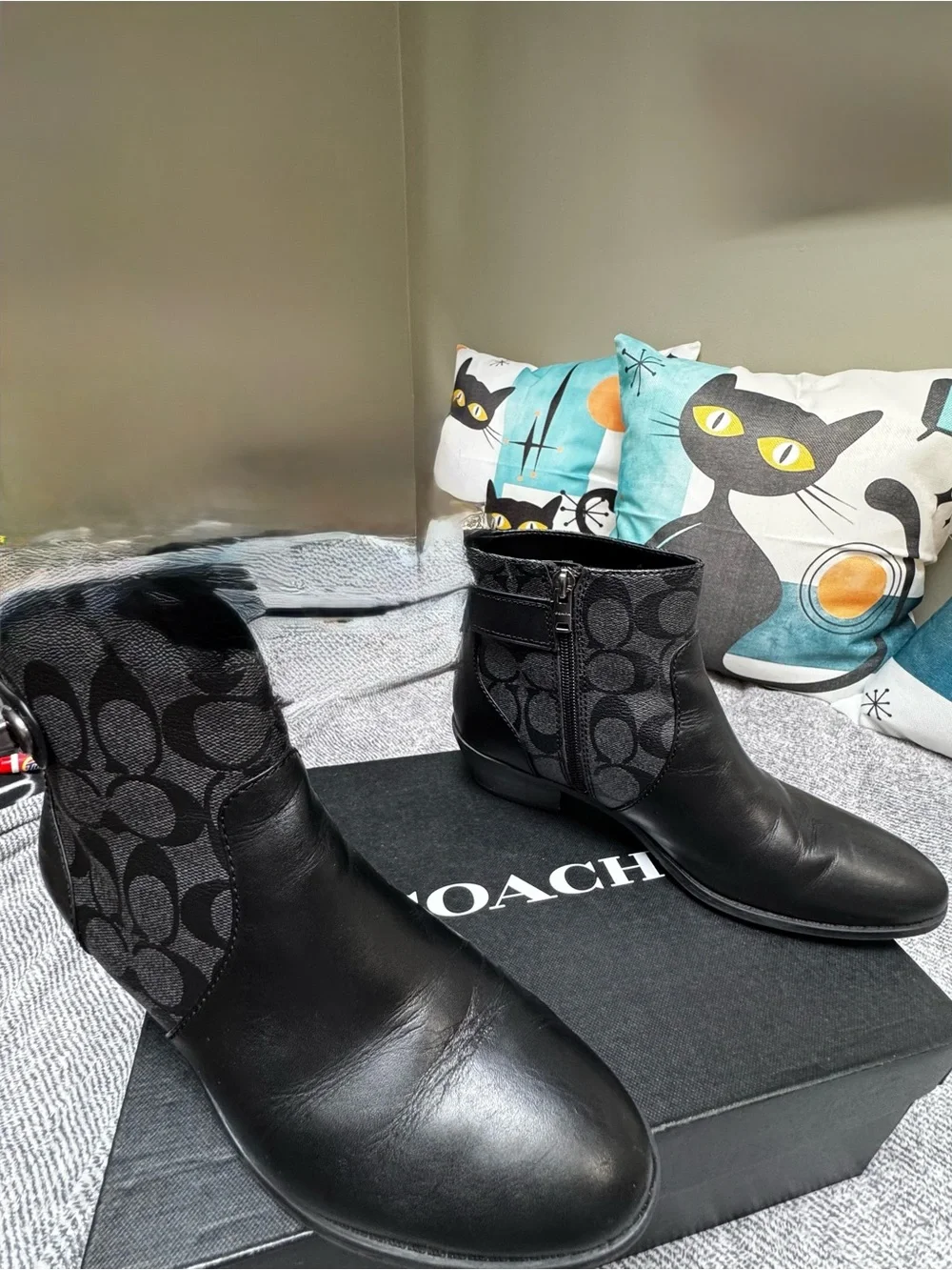 Coach Deni Signature Monogram zip closure Black Leather Booties
